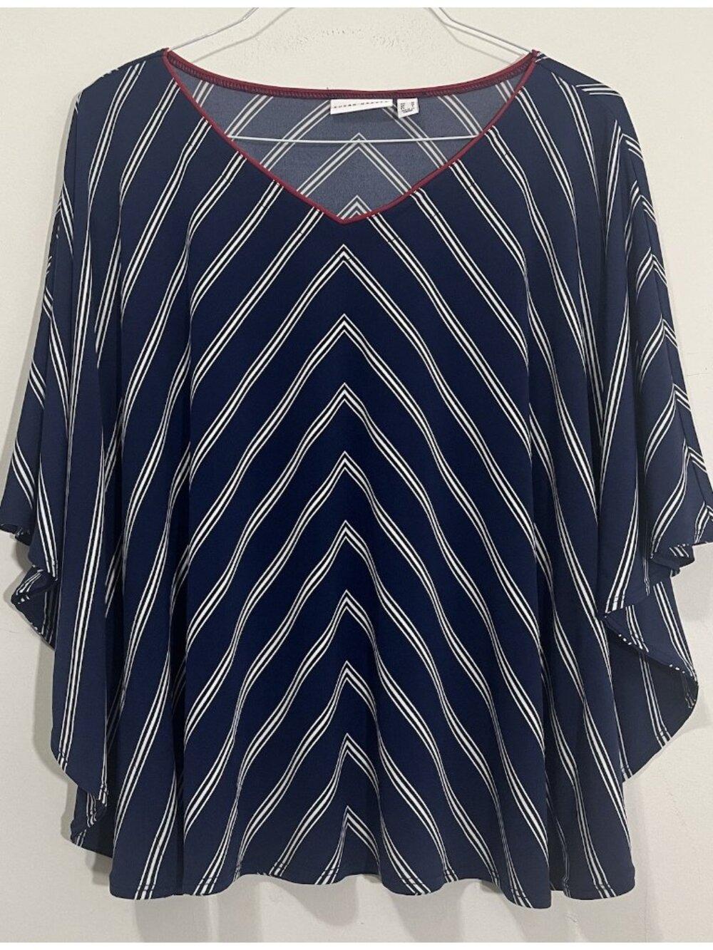 Susan Graver Liquid Knit Popover Top Nautical Navy White Striped Kimono Sleeve M